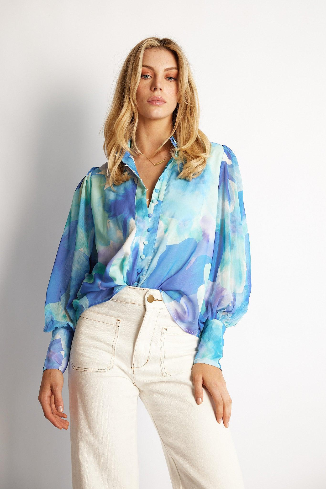 Davani Shirt - Blue Floral-Tops-Womens Clothing-ESTHER & CO.