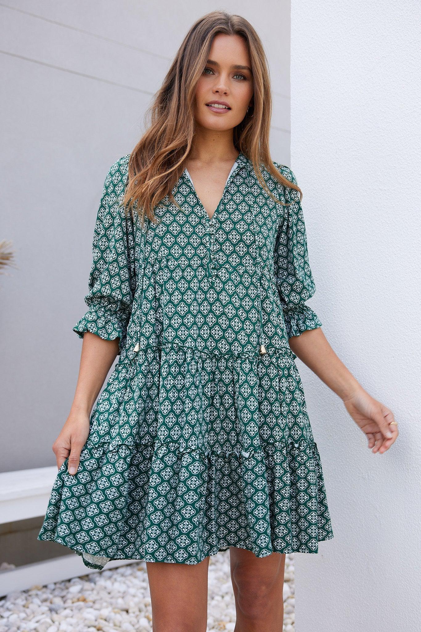 Esperanza Dress - Green Print-Dresses-Womens Clothing-ESTHER & CO.