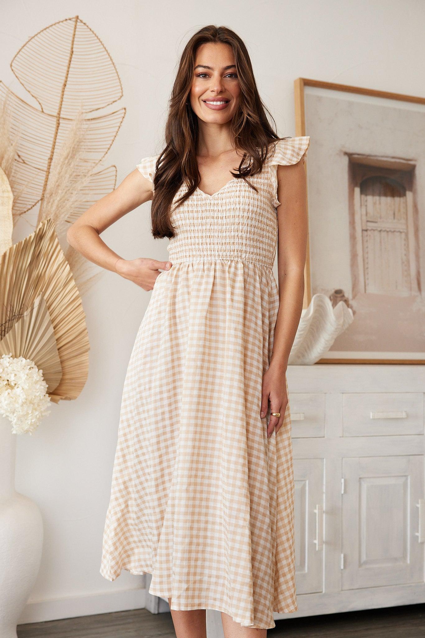 Karie Dress - Beige Gingham-Dresses-Womens Clothing-ESTHER & CO.