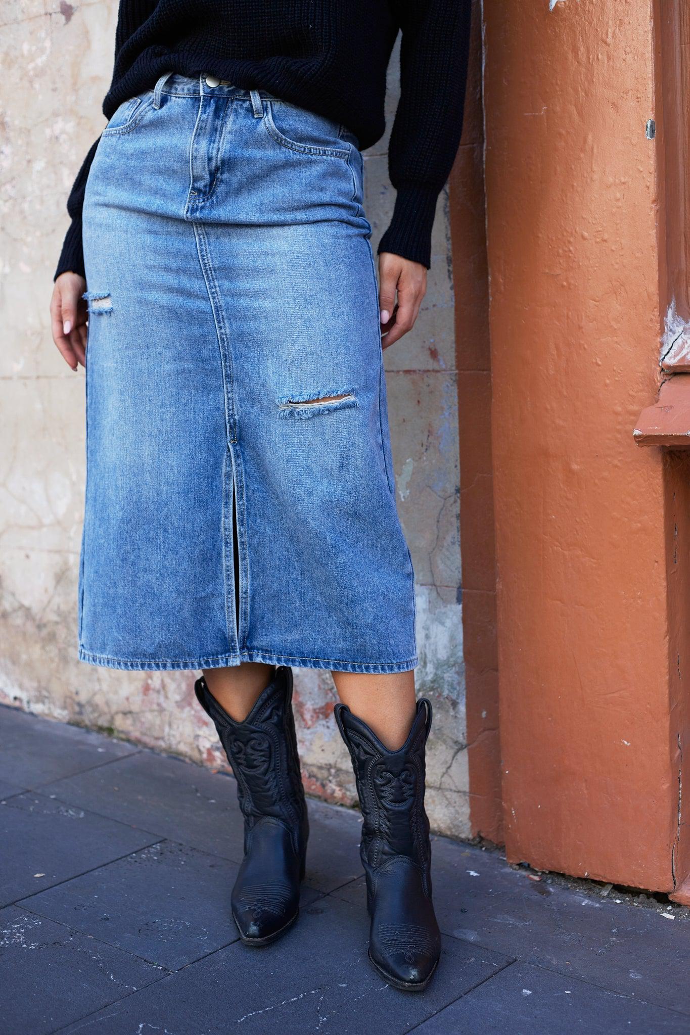 Abilane Skirt - Blue Denim-Skirts-Womens Clothing-ESTHER & CO.